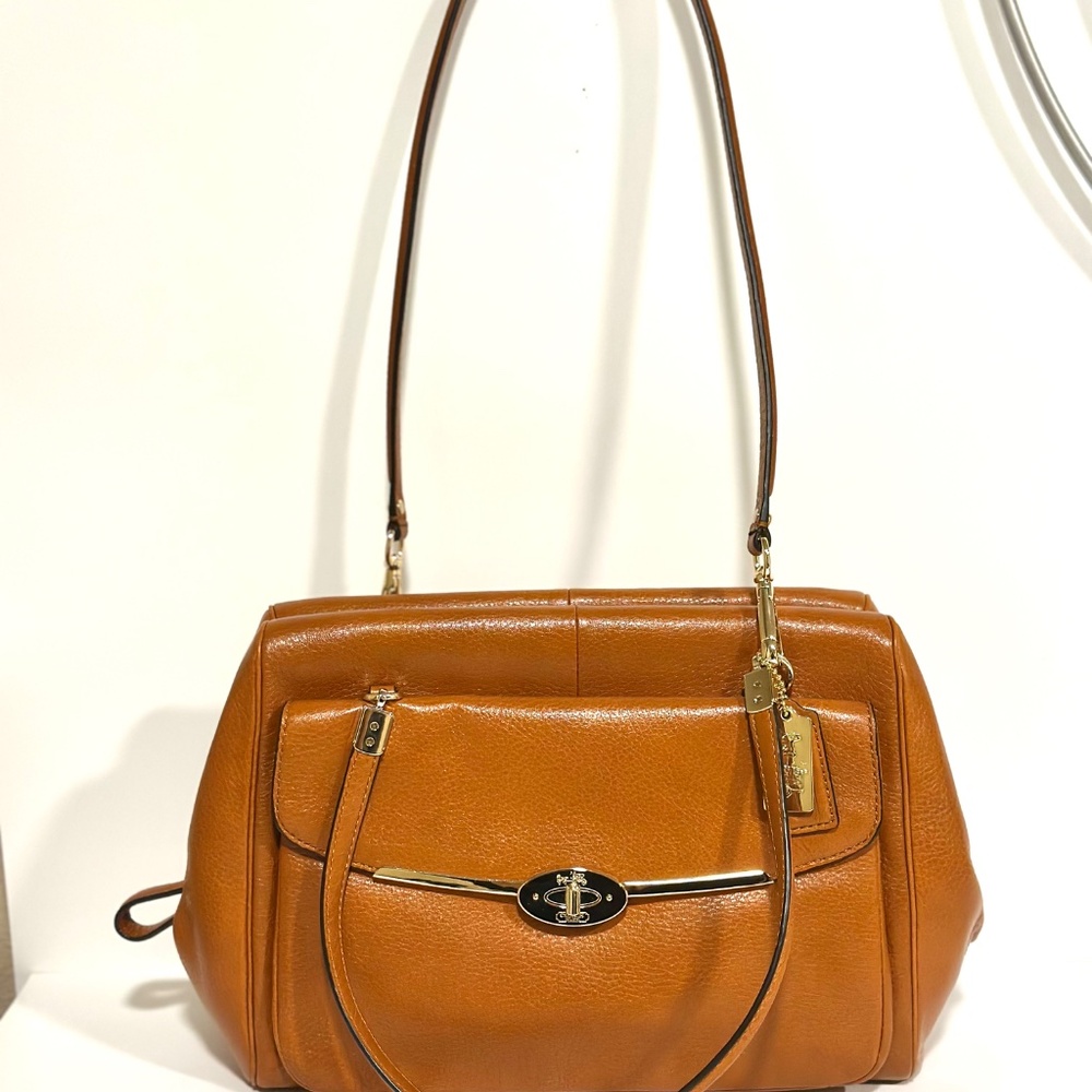 Coach Madison Madeline Large Brown Leather Bag Satchel Front Turn Lock Pocket - Picture 7 of 16